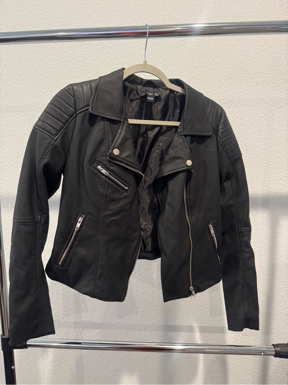 Windsor Black Faux Leather Moto Jacket with Quilted Shoulders